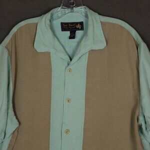 Nat Nast Shirt Mens Large Blue Cream Bowling Rockabilly Silk Camp Button Up